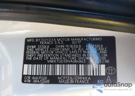 2017 Toyota Yaris L from USA, damaged, VIN VNKKTUD30HA084863